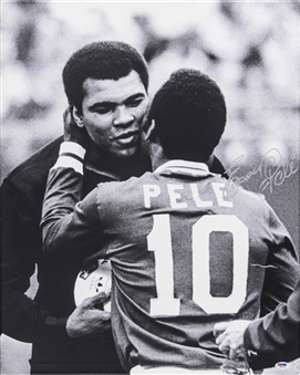 Pele Signed "Edson=Pele" 20x24 Canvas Showing Pele & Muhammad Ali Embrace (PSA/DNA)
